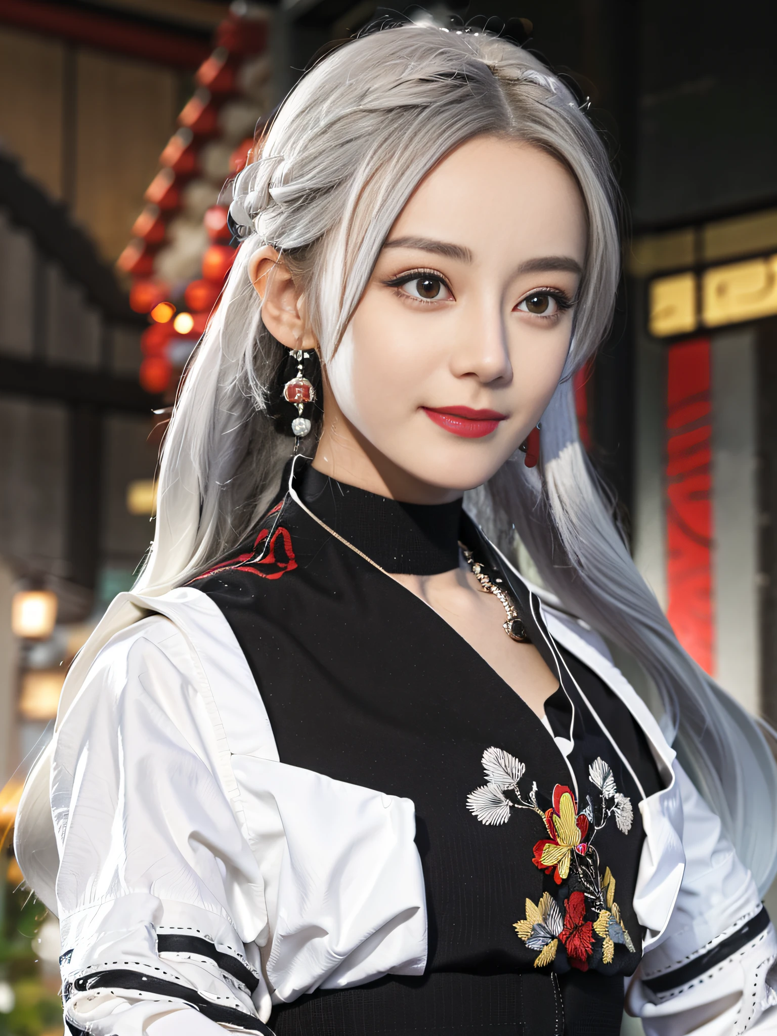 Best quality, masterpiece 1girl, (origin), white hair, dressed in black hanfu, bust photo, embroidery, denim lens, jewelry, necklace, earrings, detailed face, facial focus, (looking at the audience), smile, wariza, fireworks, depth of field, torii, lantern lights, East Asian architecture,