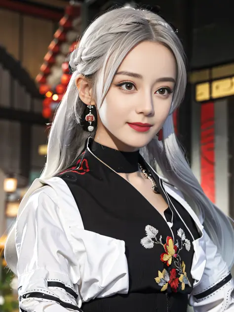 Best quality, masterpiece 1girl, (origin), white hair, dressed in black hanfu, bust photo, embroidery, denim lens, jewelry, neck...