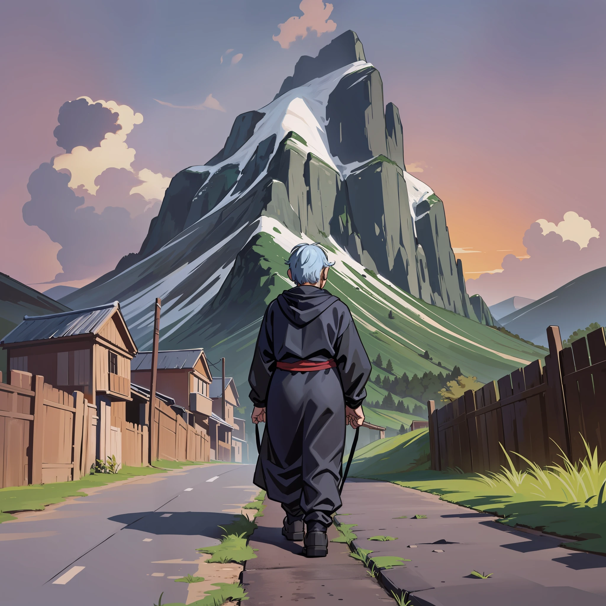 Old man, back, walking into the distance, mountain village, Taoist dress, horror atmosphere, sense of coolness, sense of desolation, doomsday atmosphere, cold colors, dim light, flat lines