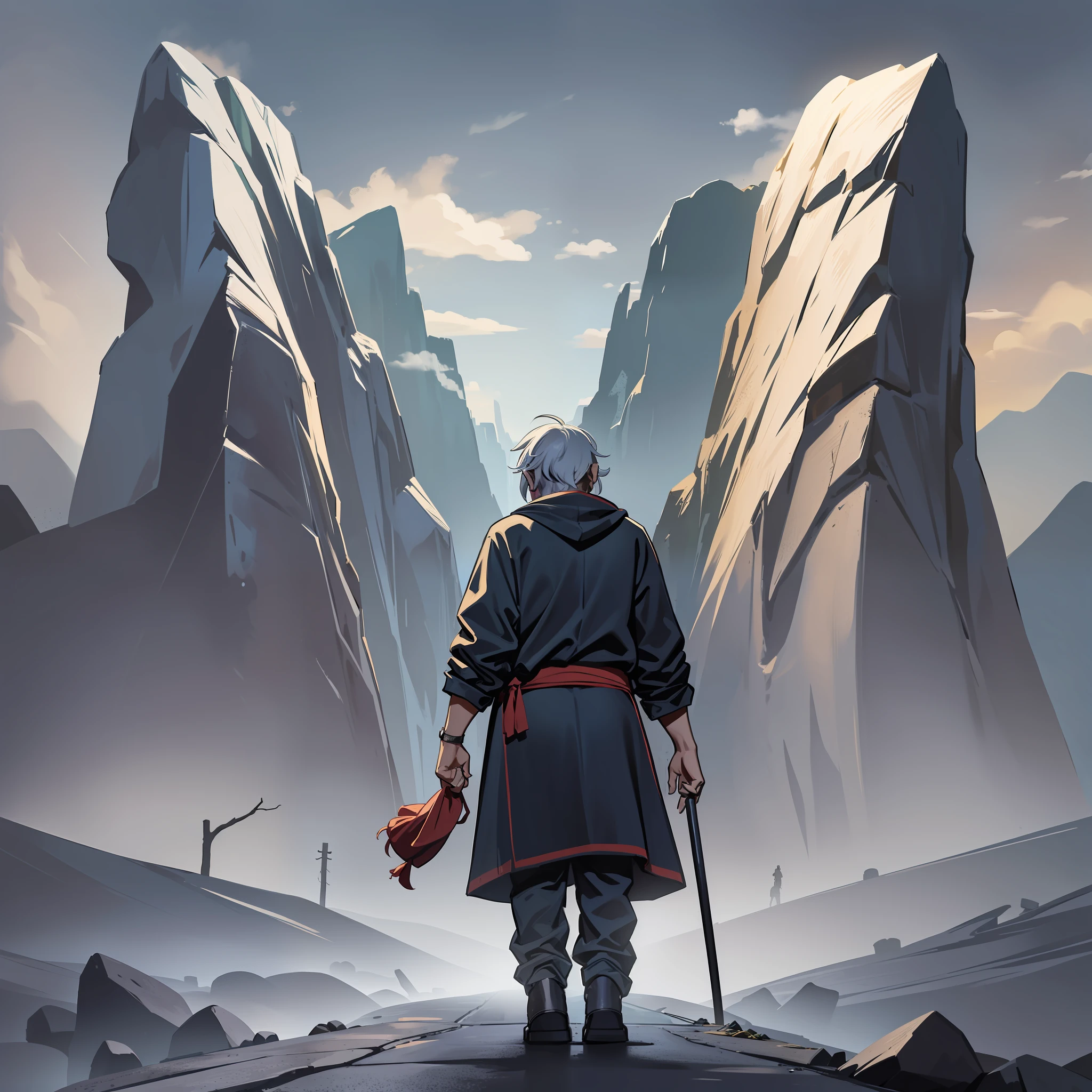 Old man, back, walking into the distance, mountain village, Taoist dress, horror atmosphere, sense of coolness, sense of desolation, doomsday atmosphere, cold colors, dim light, flat lines