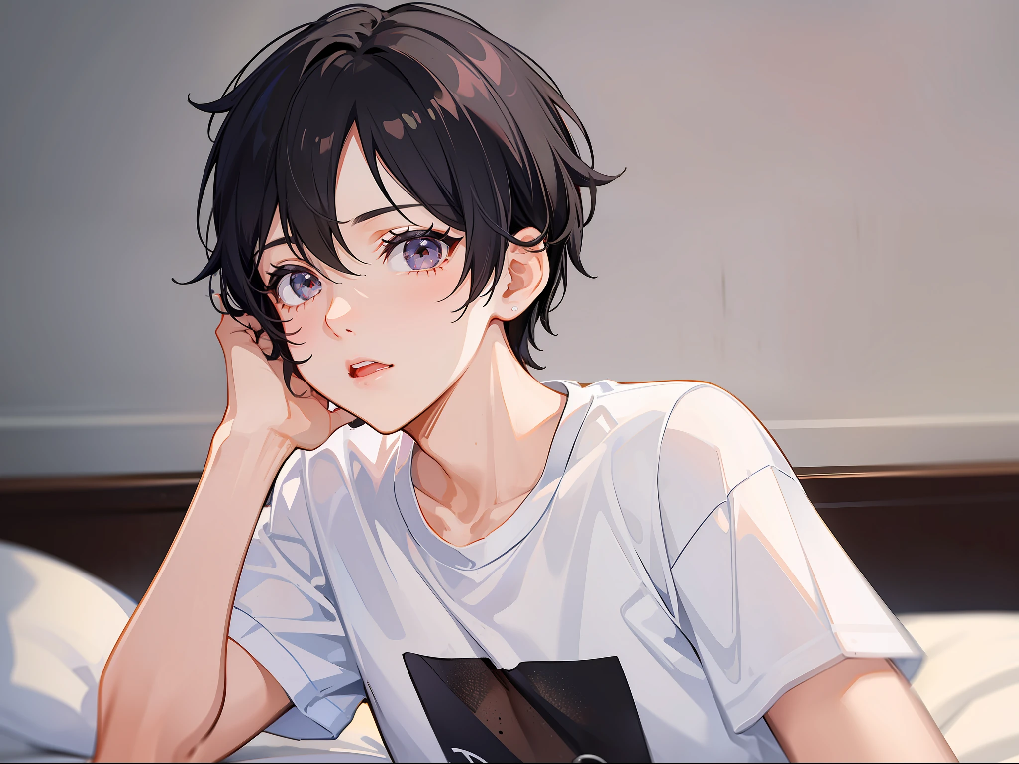 A boy with short black hair, a beauty mole in the corner of his eye, wearing a T-shirt, (lying: 1.2) on a bedroom bed