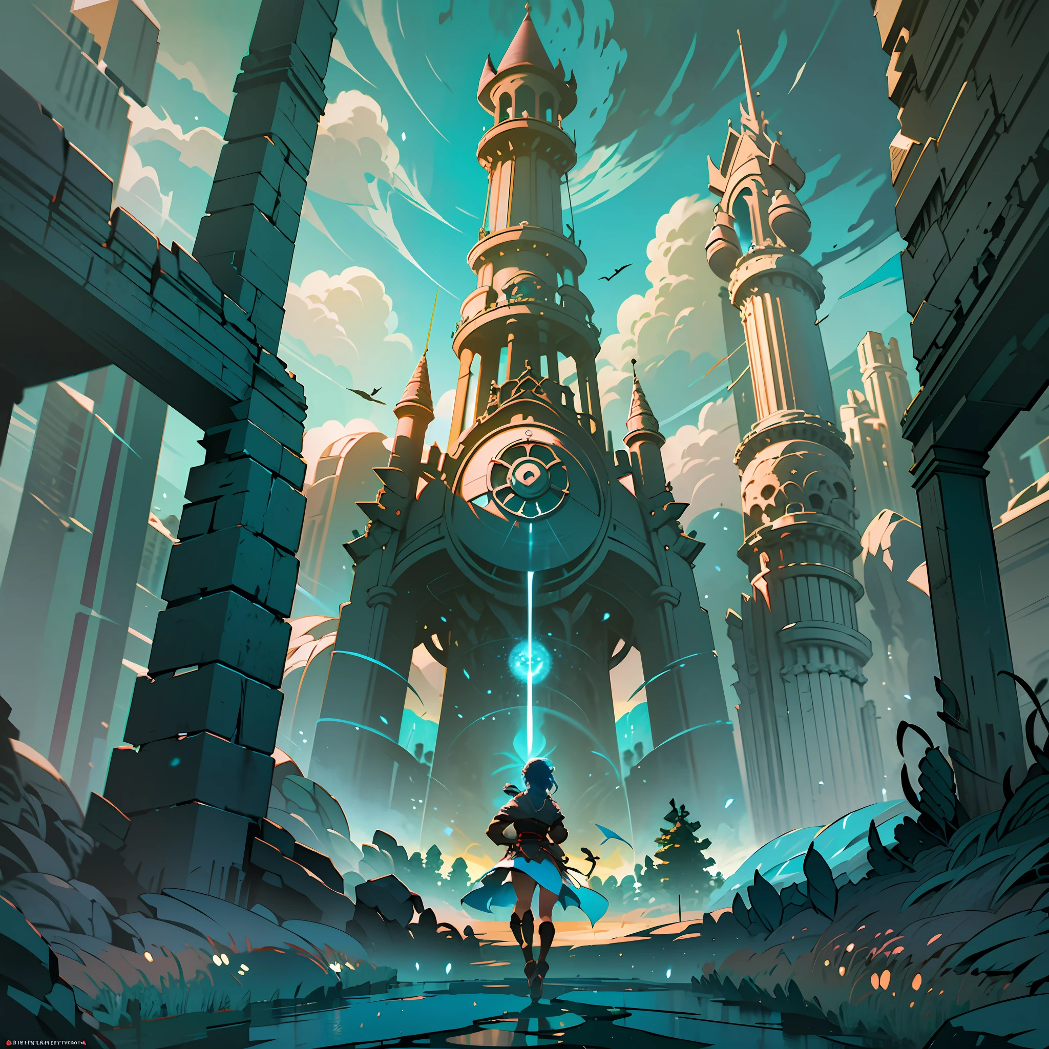 a woman standing on top of a pile of rocks, concept art, by sylvain sarrailh, conceptual art, in the middle of round ruins, standing astride a gate, endless loop, the anime girl is running, world seen only through a portal, keyframe illustration, guweiz masterpiece, portal opening, year 2300, martin ansin