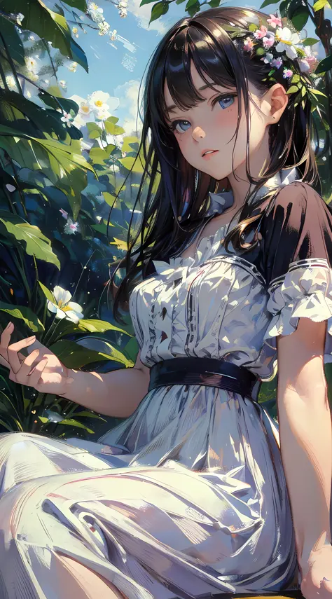 girl, (sky:1.6), sitting, side shot, flowers, (masterpiece, best quality, perspective, depth of field:1.5), beautiful face, thighs, from below, 8k, raw photo, absurdres, woods, impressionism, Tom Thomson, Claude Monet, Joaquín Sorolla, James Wilson Morrice...