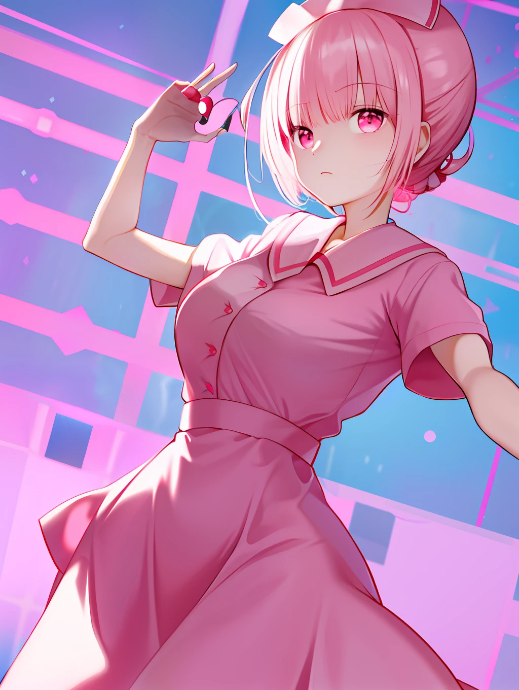 I want to make a live-action adaptation of the nurse "Aimy" in "Please President". The outfit is a cute pink dress, and the background is like a sparkling heart dancing.