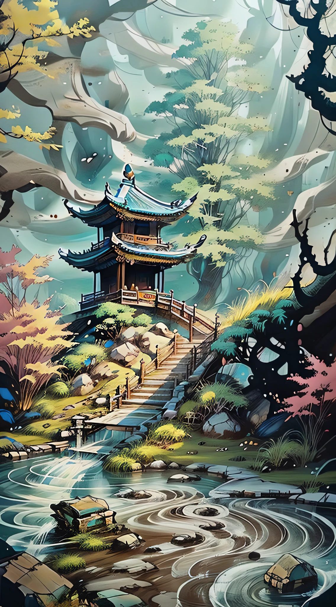 Chinese-style architecture, abandoned ancient temples, flowing water, tree roots, looming water mist, Buddha light, epic composition, realistic lighting, HD details, masterpieces, the best quality