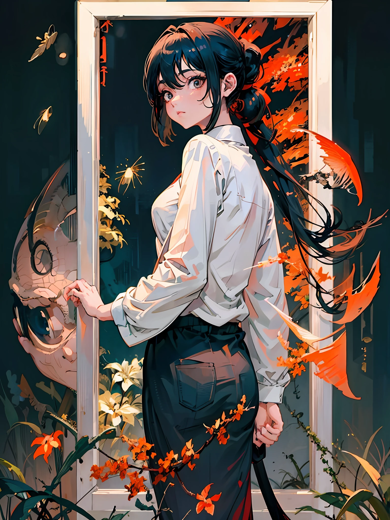 1girl yaoyorozu momo black hair ponytail hair pulled back black eyes large breasts casual outfit, forest, fireflies, night, happy, looking back, amazed, overlay, jppop art style, japanese style