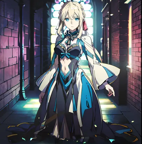 Violet evergarden, cosplaying as morgan le fay, 1girl, blonde hair,blue eyes, red ribbon, braid, full body, looking at viewer, w...