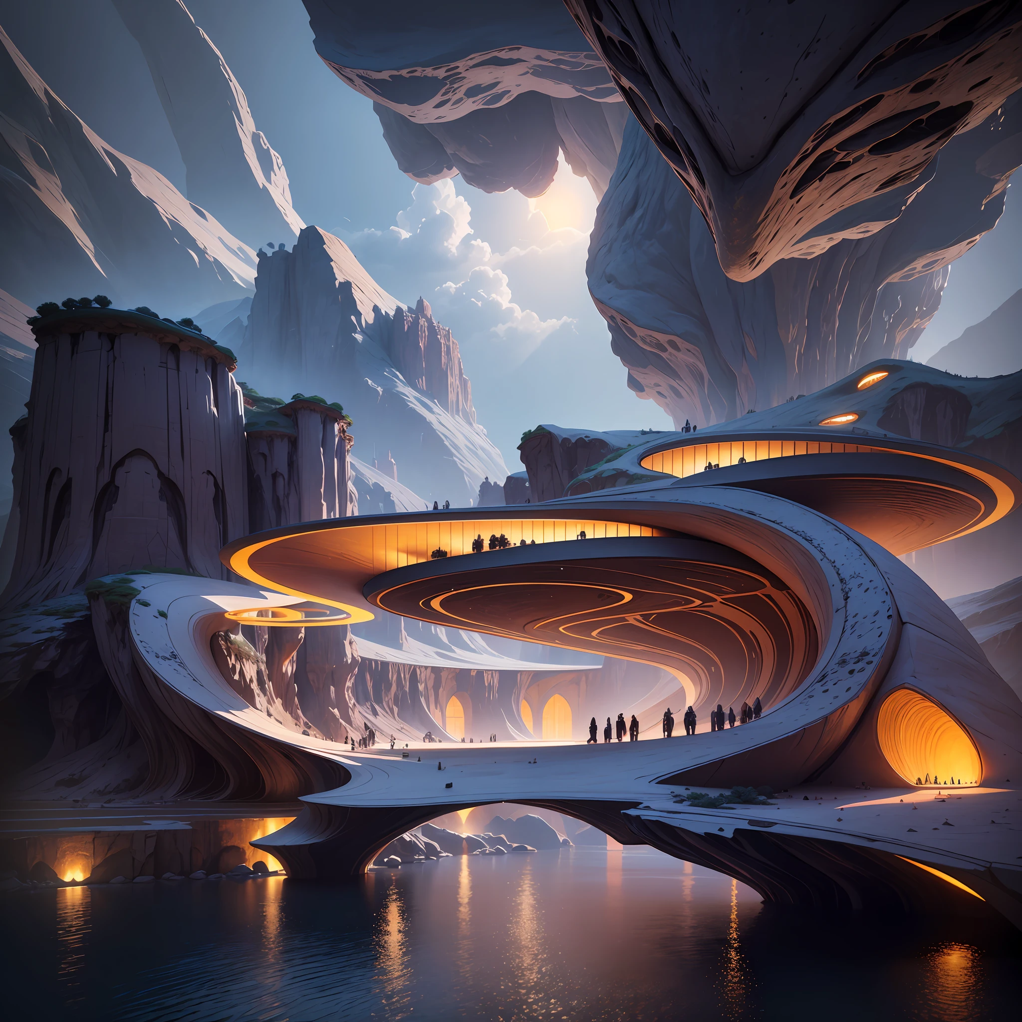 Futuristic islamic architecture design of cave architecture concept art on grand Canyon caves islamic architecture, proportional,detailed, cave architecture nature meets futuristic architecture by Toyo Ito ,residential area, futuristic development, high rise balconies, full of rock and glass facades, residential spaces carved from cliff side ,trending on artstation, beautiful lighting,In the style of Jean Nouvel masterpiece, fantasy, intricate, award winning, 4k, highest quality render --auto --s2