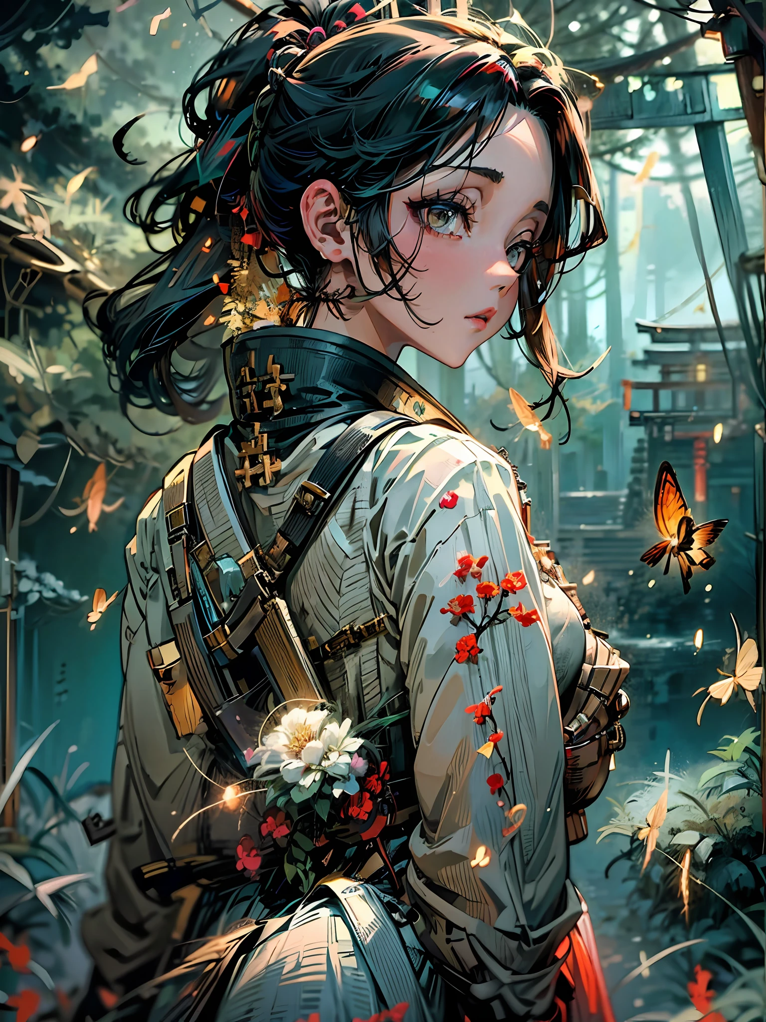 1girl yaoyorozu momo black hair ponytail hair pulled back black eyes large breasts casual outfit, forest, fireflies, night, happy, looking back, amazed, overlay, jppop art style, japanese style