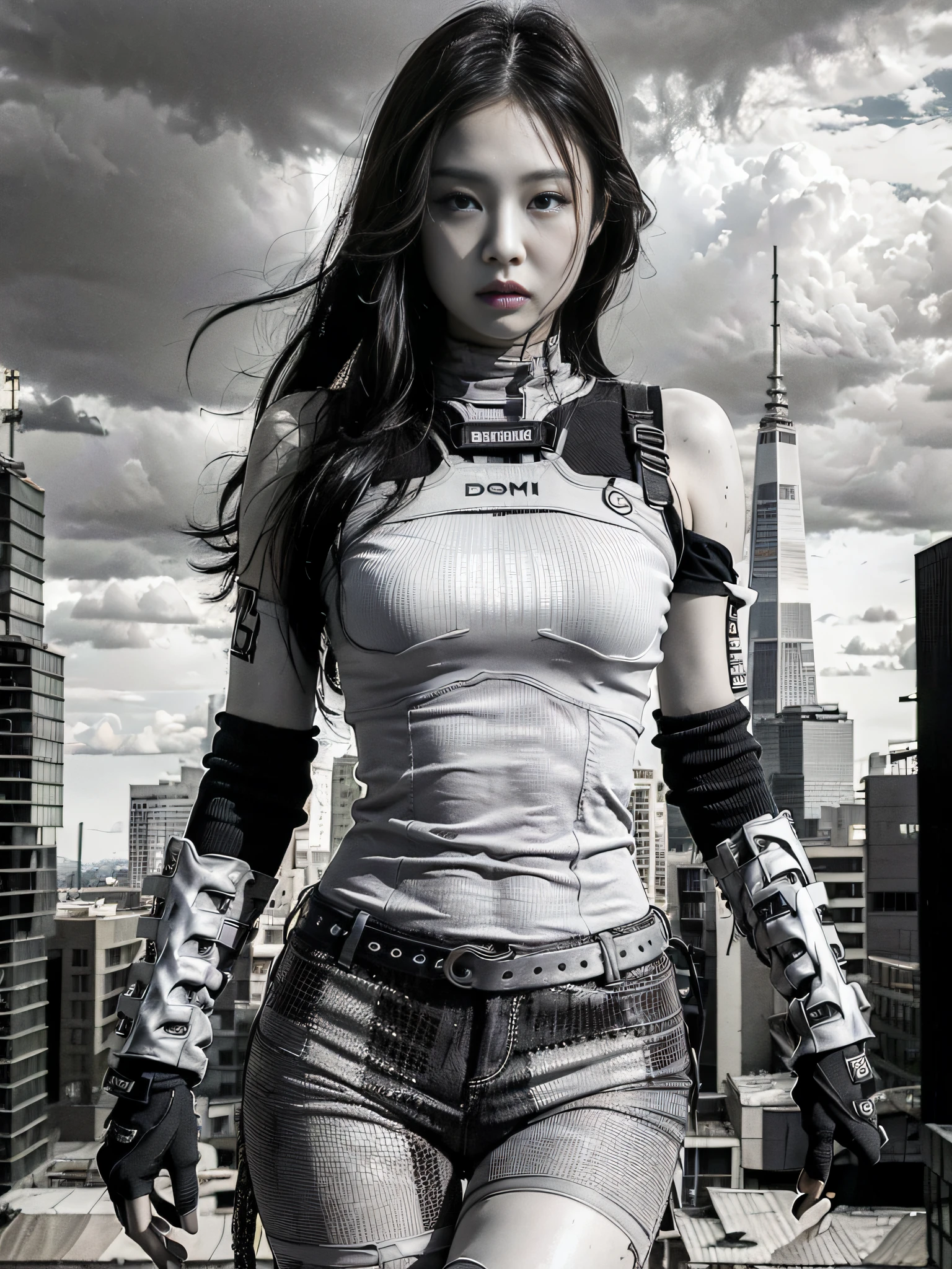 (1girl:1.3), solo, __body-parts__, Jennie face, doomsday wasteland style, dusty, stormy, dirty, gray tones, 8k resolution image, intricate symmetrical details. The whole picture is invincible and heroic, mainly a complete picture of a woman standing all over her body, with smooth movements and a confident expression.