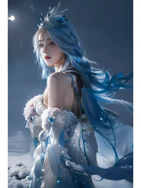 Arad woman with blue hair and white dress in snow, long white hair, anime girl cosplay, long white hair, anime cosplay, by Yang ...