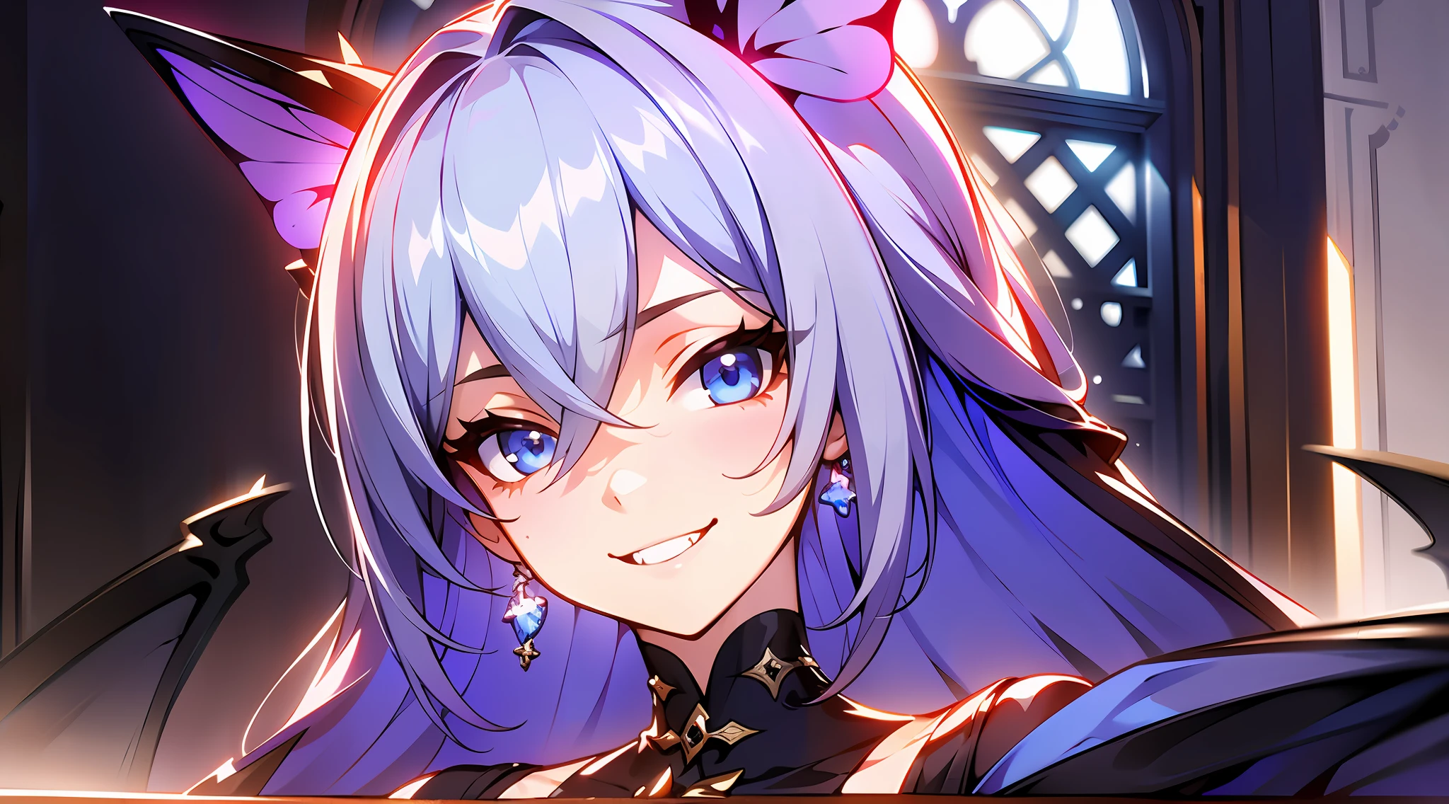1 girl, smile, bad smile, solo, viewer's gaze, butterfly hair ornament, two long fangs growing from the mouth, sharp fangs, bat wings, blue eyes, upper body, sleeveless, sitting, red nails, (masterpiece, highest quality, highest quality, official art, beautiful and aesthetic: 1.2), lilac hair, portrait of a European woman's face, person looking at the viewer, detail, complex details, 4K, ultra high definition, solo focus, pale skin, baroque, gothic lolita, lace, elegant, smooth, smooth anime CG art, movie lighting, vampire, sexy pose, seduction