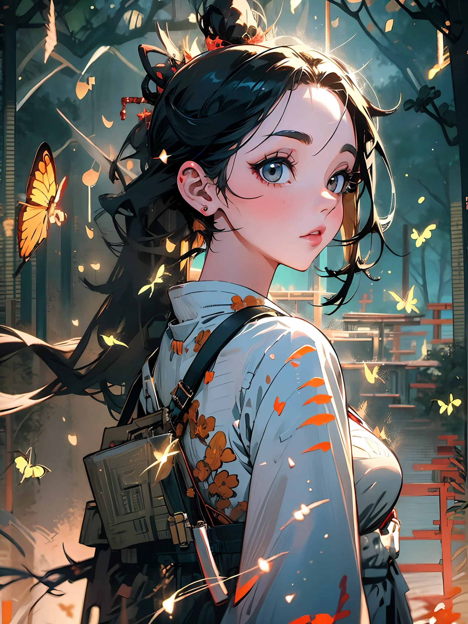 1girl yaoyorozu momo black hair ponytail hair pulled back black eyes large breasts casual outfit, forest, fireflies, night, happy, looking back, amazed, overlay, jppop art style, japanese style