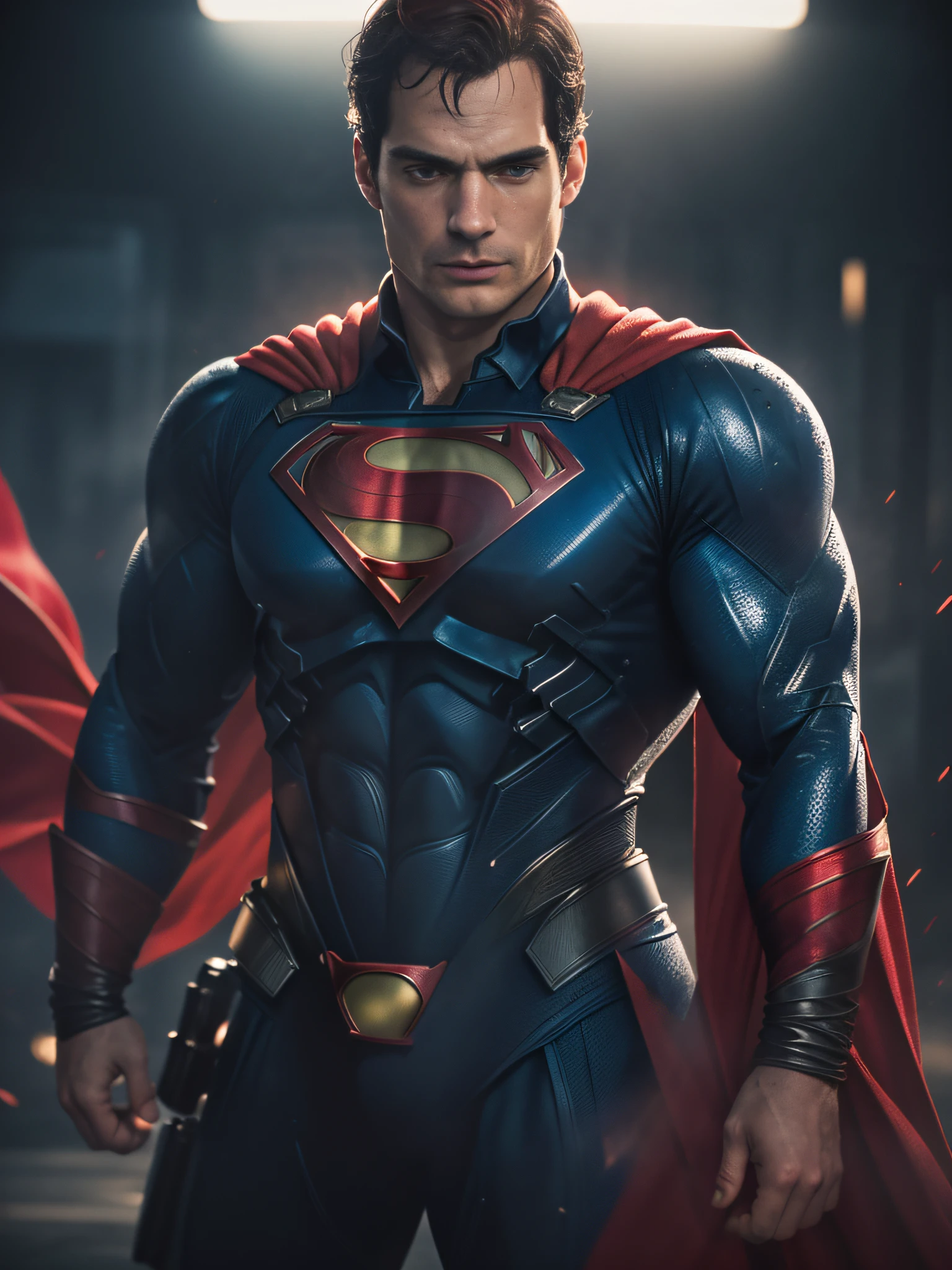 1 man, solo, Henry Cavill as Superman, 40s year old, all blue and red details suit, bare hands, big red S symbol on the chest, red cape, strain of hair covering forehead, short cut hair, tidy hair, tall, manly, hunk body, muscular, wide shoulder, straight face, black hair, best quality, high resolution:1.2, masterpiece, photorealism, dark background, detailed suit, detailed face, upper body shot, crossed arms, runic scene in the background