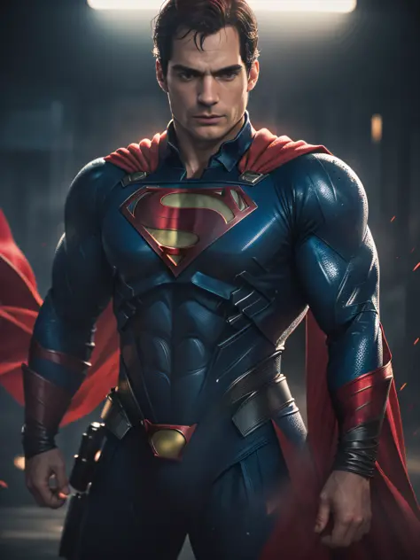 1 man, solo, Henry Cavill as Superman, 40s year old, all blue and red details suit, bare hands, big red S symbol on the chest, red cape, strain of hair covering forehead, short cut hair, tidy hair, tall, manly, hunk body, muscular, wide shoulder, straight ...
