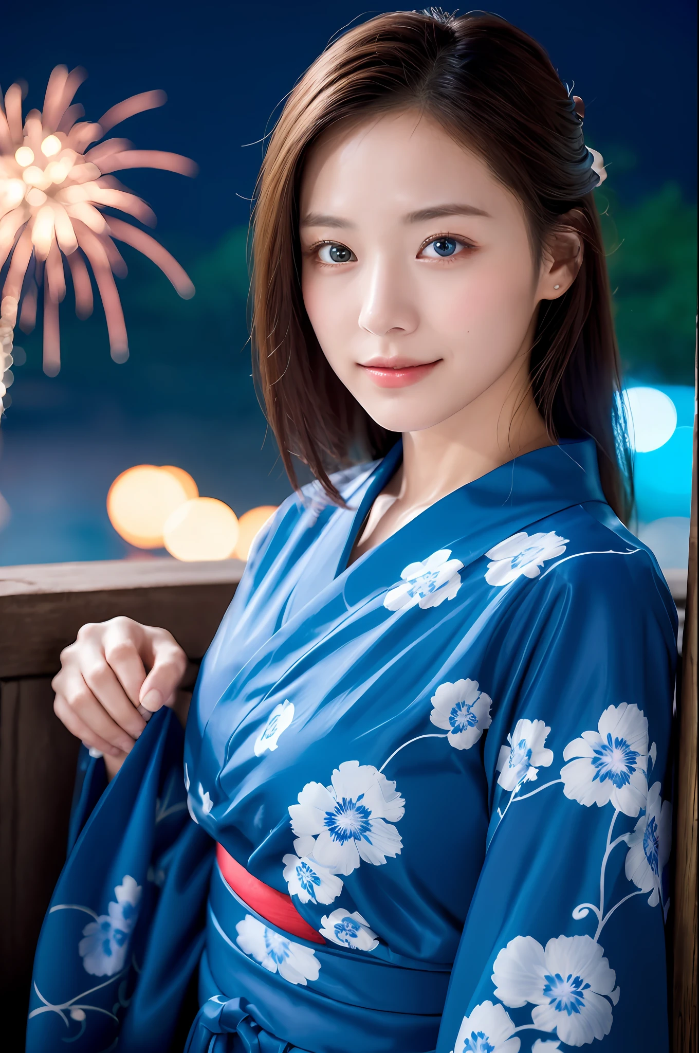 ((傑作, 頂級品質, 超清晰, 高畫質)), 4k. 獨自的, 美麗的女孩, 閃亮的眼睛, 完美的眼睛, 日本的美麗妹妹, 蓝色主题, 浴衣, 背景是夜晚的煙火