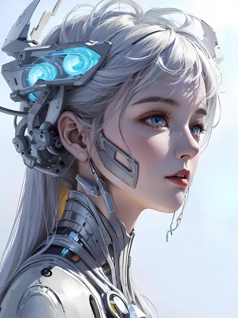 anime girl with futuristic headpiece and futuristic hair, cute cyborg girl, beutiful white girl cyborg, beutiful girl cyborg, cy...