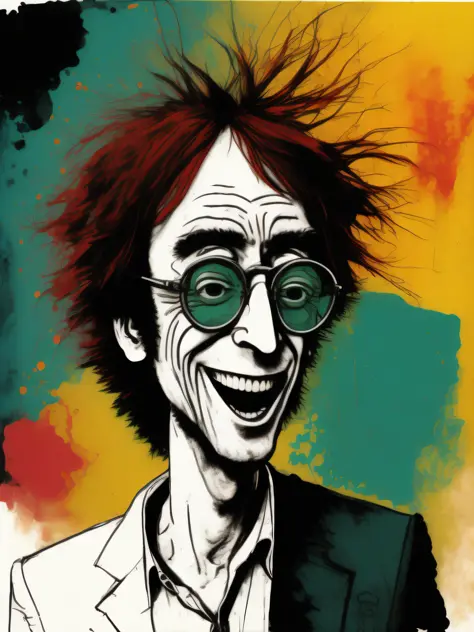 a portrait of John Lennon smiling, electrifying caricature, emphasis on smile, by Ralph Steadman, Dr. Suess, Jenny Saville, Kand...