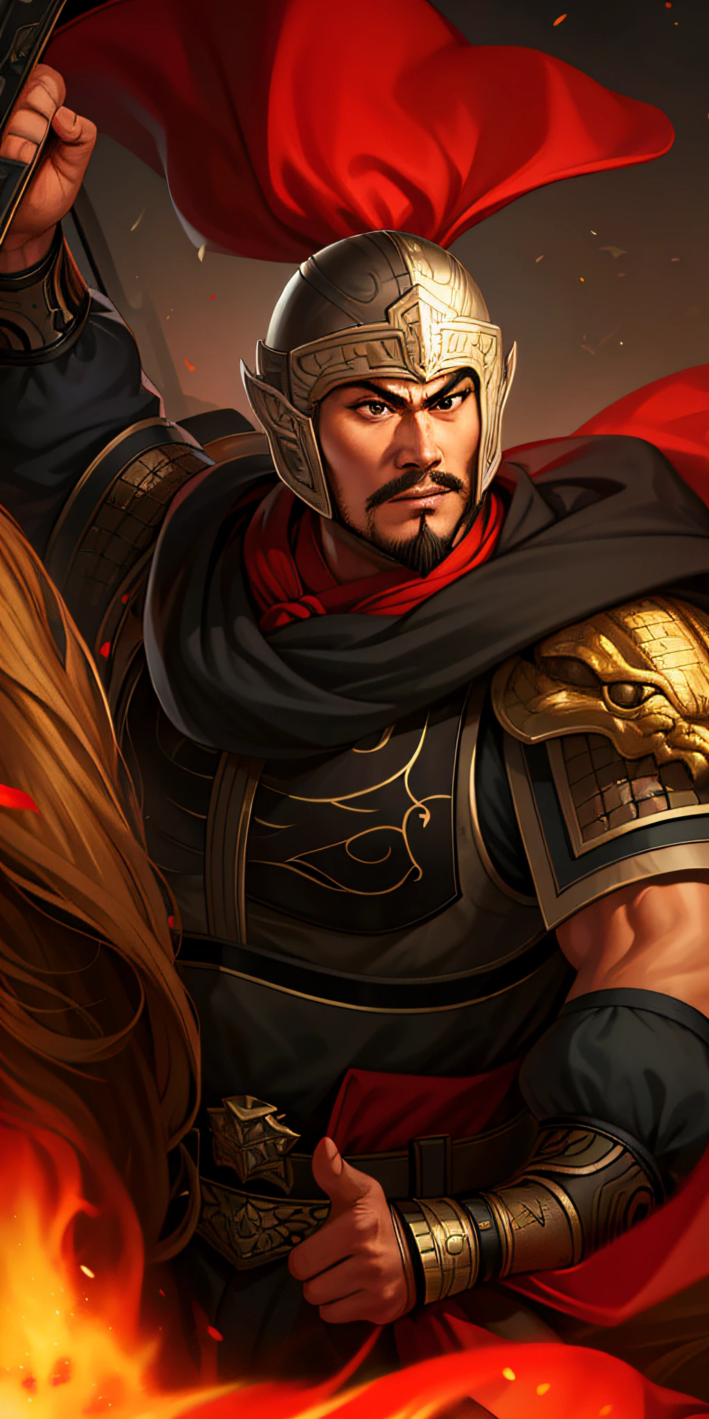 (4k,   best quality, highres:1.1), (masterpiece:1.1),   man, (Chinese male:1.2), middle-aged, warrior, detailed eyes, facial hair, muscular, strong, brave, courageous, powerful, honorable, disciplined, confident, looking at viewer,
face, bracer, helmet, armor, holding weapon, riding, horse, black, red,