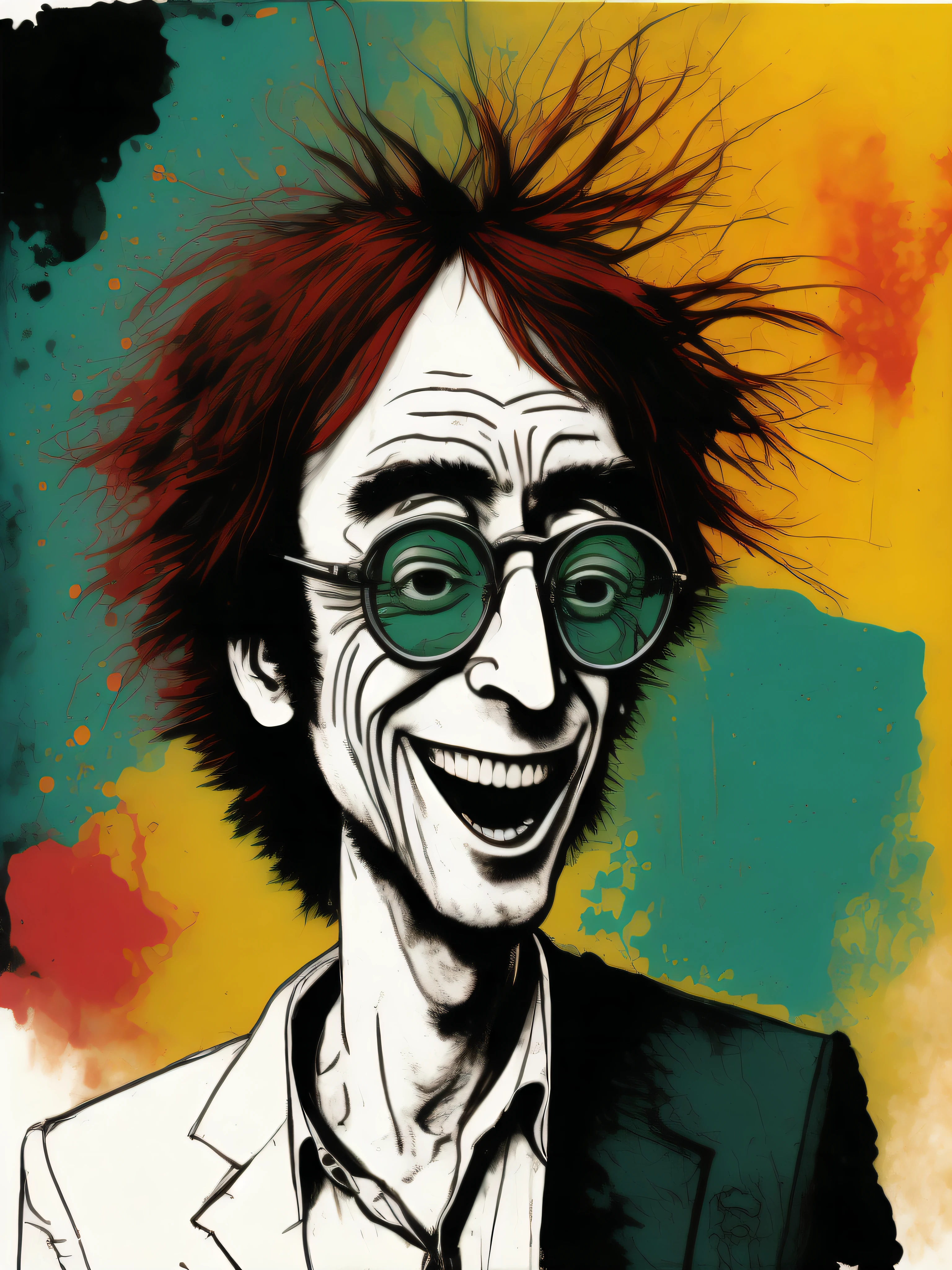 a portrait of John Lennon smiling, electrifying caricature, emphasis on smile, by Ralph Steadman, Dr. Suess, Jenny Saville, Kandinsky, doodle, sketch, surrealist, psychedelic abstraction