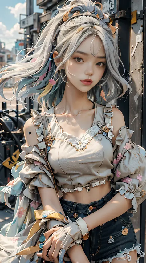 masterpiece, best quality, spring outfit, colorful hair,  outdoor,cloud ,upper body,