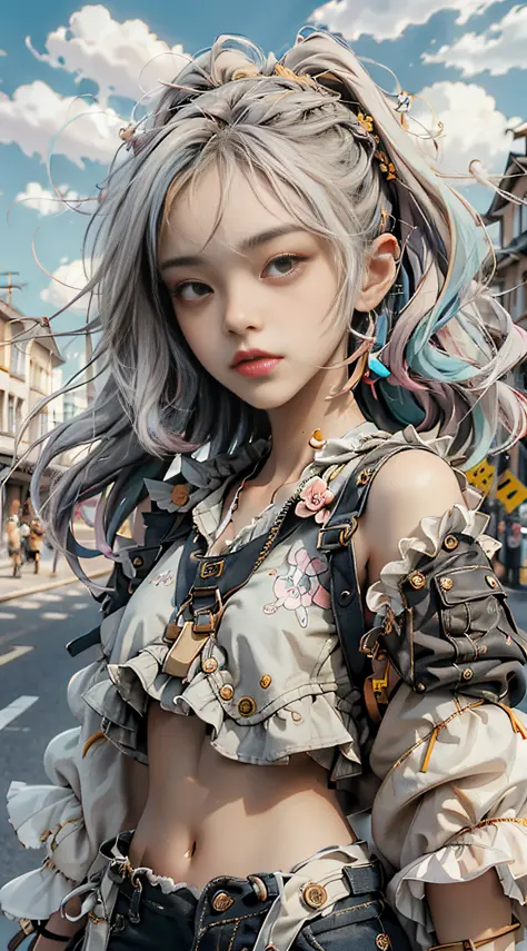 masterpiece, best quality, spring outfit, colorful hair,  outdoor,cloud ,upper body,