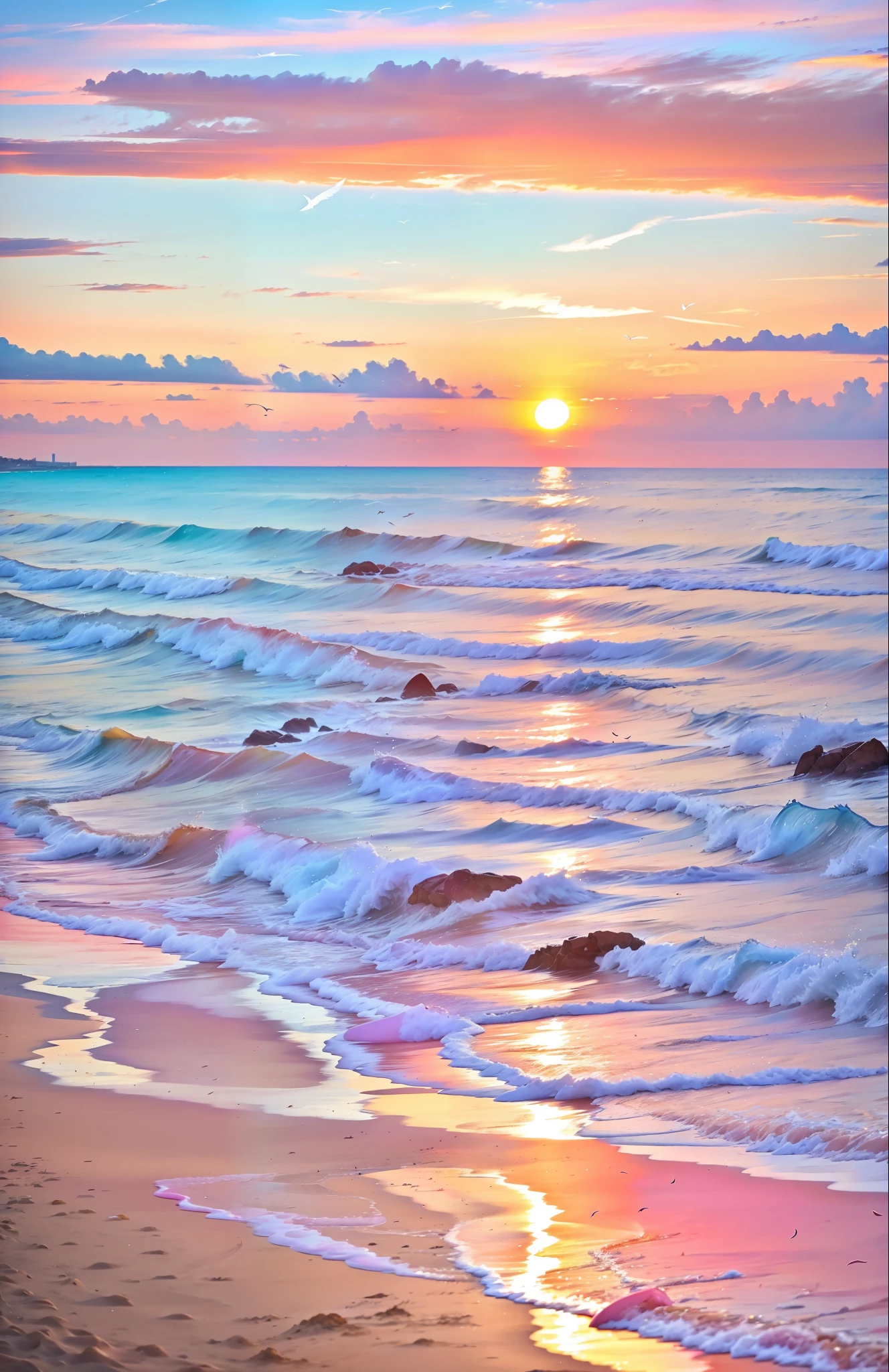 Un coucher de soleil absolument fascinant sur la plage, avec un mélange d&#39;orange, rose, et jaune dans le ciel. L&#39;eau est limpide, embrasse doucement la côte, et le sable blanc est sans fin. La scène est dynamique et époustouflante, avec des mouettes planant haut dans le ciel et des palmiers se balançant doucement. Plongez dans l&#39;atmosphère calme et laissez la sérénité vous envelopper.