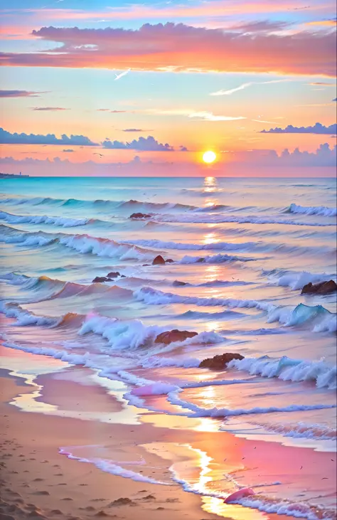 An absolutely mesmerizing sunset on the beach, with a mix of orange, pink, and yellow in the sky. The water is crystal clear, ge...