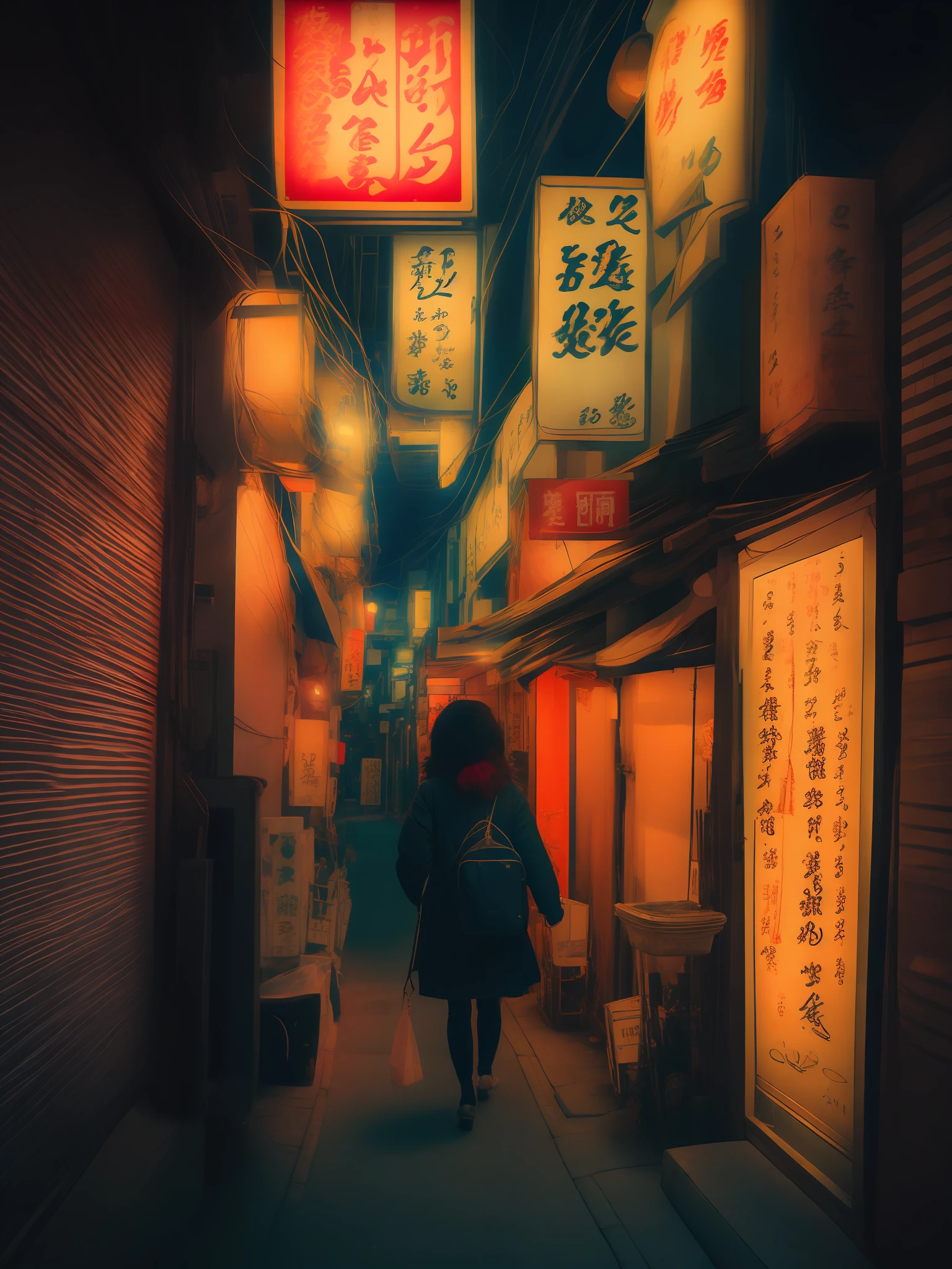 Woman walking on the street next to store, back alley