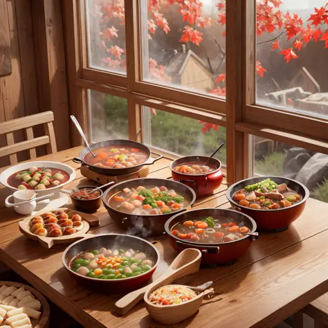 A warm wooden table with hot pot, barbecue and medicinal food, warm colors, windswept screen windows, red and white lattice anti...