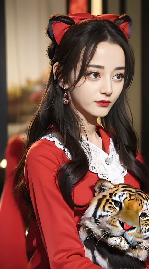 masterpiece, superb piece, hanfukozue, 1girl, tiger, brush, long hair, bun, bun, brush, brush, hanfu, hanfu, hand hidden sleeve,...