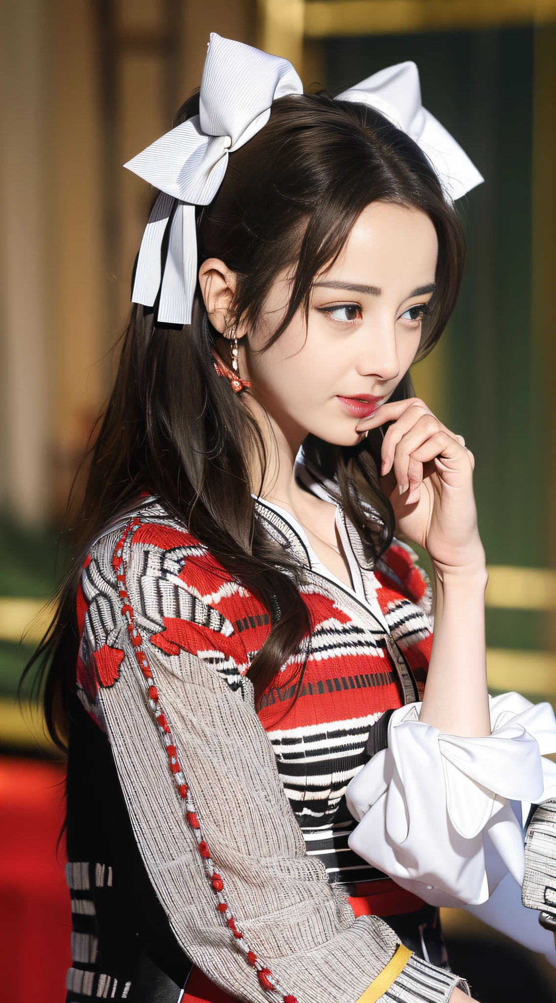 Masterpiece, Superb Piece, Hanfukozue, 1girl, Tiger, Brush, Long Hair, Bun, Bun, Brush, Brush, Hanfu, Hanfu, Hand Hidden Sleeve, Brush, Bangs, Solo, Year of the Tiger, Black Hair, White Tiger, Jewelry, Long Sleeves, Holding, Sitting, Yellow Eyes, Bow, Necklace, Hair Accessory, Wide Sleeves, Red Bow, Blunt Bangs, Fur Trim, Closed Mouth, Ribbon, Dress, Shawl, Tassel, Animal Print, Red Ribbon, Animal, Extra Long Hair, Hand Up, Ink, Bow Tie, Coat, hairband, zodiac, rolling, looking at the audience, hair flower, side hair, earrings, brown hair, flower,