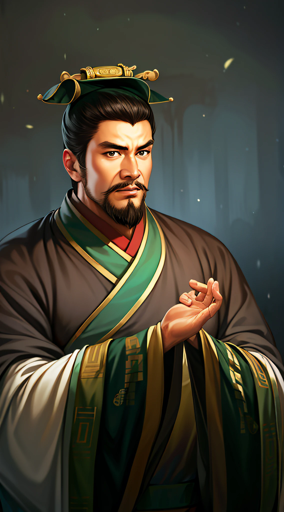 (4k, best quality, highres:1.1), (masterpiece:1.1), man, Chinese male, detailed eyes, looking at viewer, (Chen Daoming:1.6), facial_hair, hanfu, 1boy, beard, male_focus, mustache, chinese_clothes, old, solo, old_man, wide_sleeves, own_hands_together, long_sleeves, topknot, robe, looking_at_viewer, wrinkled_skin