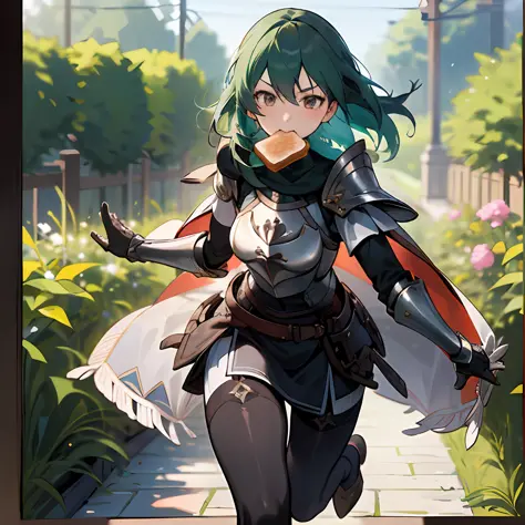 masterpiece, ultra high quality cg, 4K, best quality, 1girl,  toast in mouth, byleth (female), black breastplate, shoulder armor...