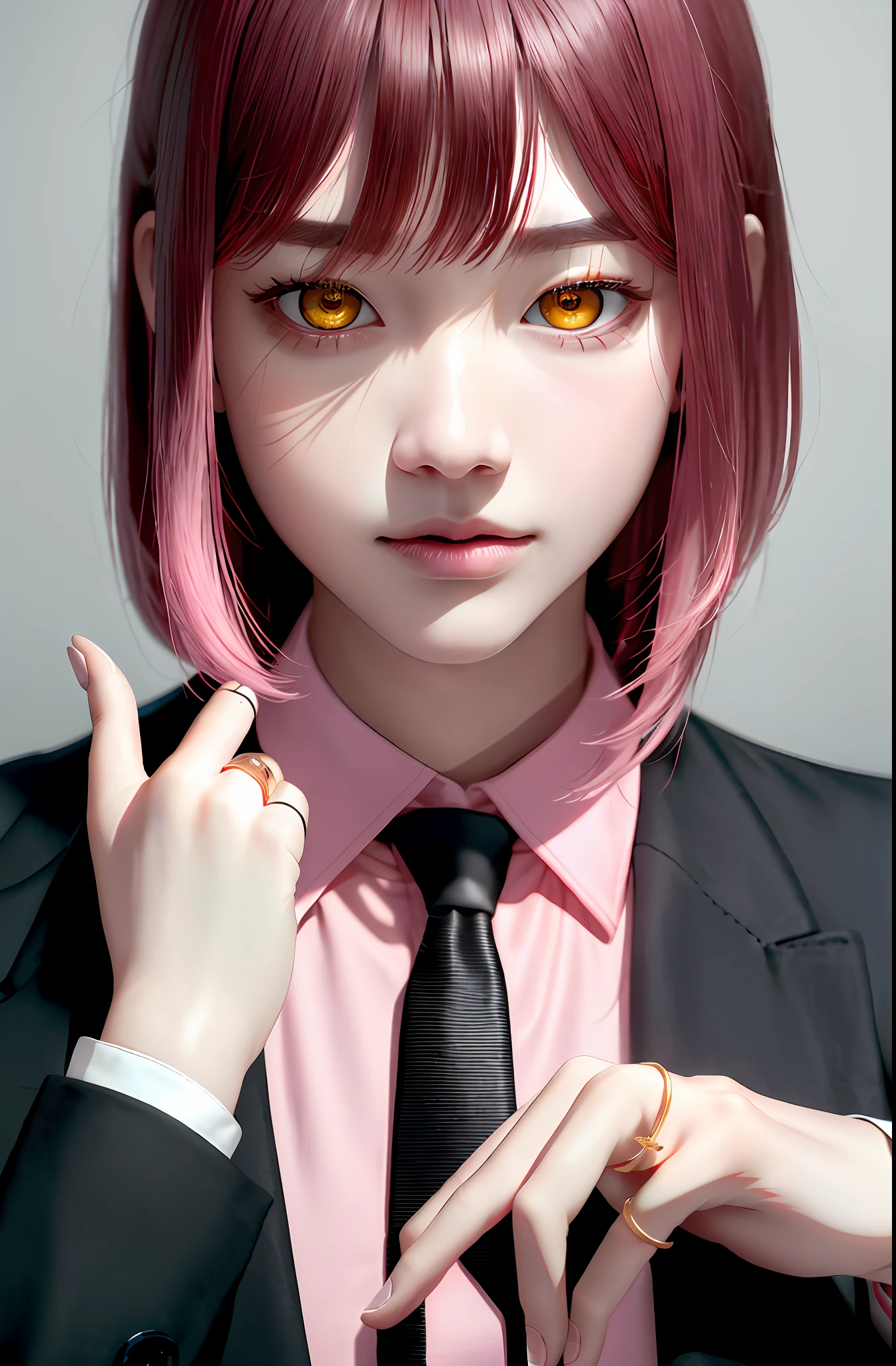 Masterpiece, (Photorealistic: 1.4), Top Quality, Beautiful Lighting, (ulzzang-6500:0.5), Makima \(Chainsaw Man\), (Bob Hair) + (Black Hair) + (Bangs), Yellow Eyes, Golden Eyes, (((Ring Eyes)), (Pink Shirt), (Tie), RAW Photography, 8k UHD, Film Grain