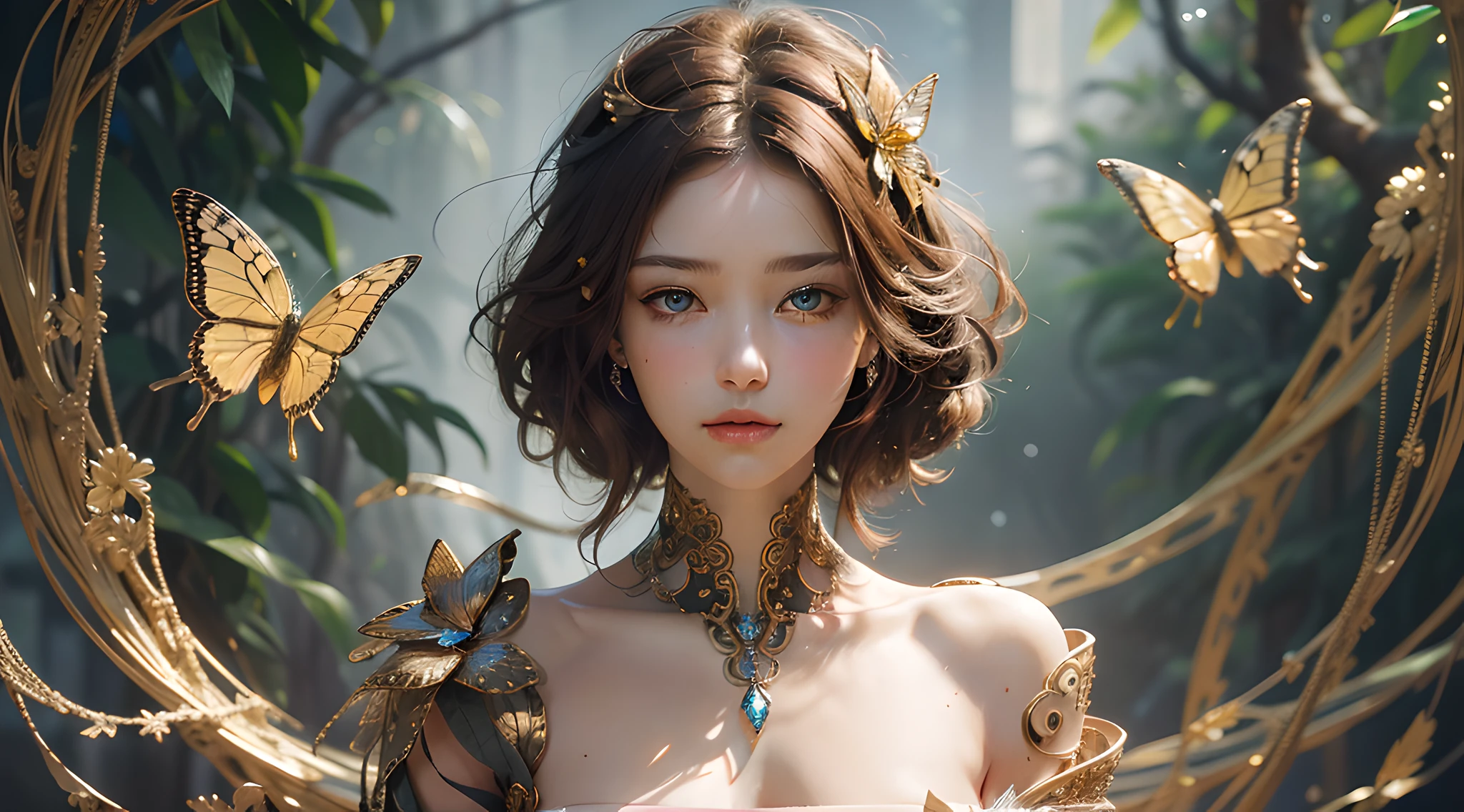 8k Portrait of a Beautiful Cyborg with Brown Hair, Bust, Upper Body, Nudity, Nudity, Sexy, Intricate, Elegant, Highly Detailed, Majestic, Digital Photography, Surrealist Painting Golden Butterfly Filigree, Broken Glass, (Masterpiece, Side Light, Delicate Beautiful Eyes: 1.2 ), Human Development Report,
