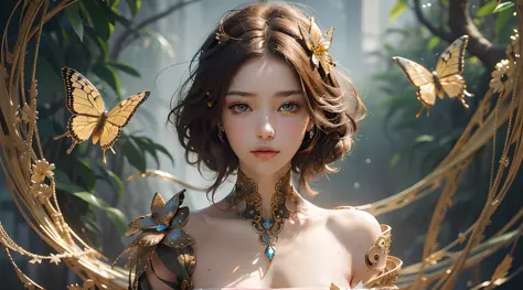 8k Portrait of a Beautiful Cyborg with Brown Hair, Bust, Upper Body, Nudity, Nudity, Sexy, Intricate, Elegant, Highly Detailed, Majestic, Digital Photography, Surrealist Painting Golden Butterfly Filigree, Broken Glass, (Masterpiece, Side Light, Delicate B...
