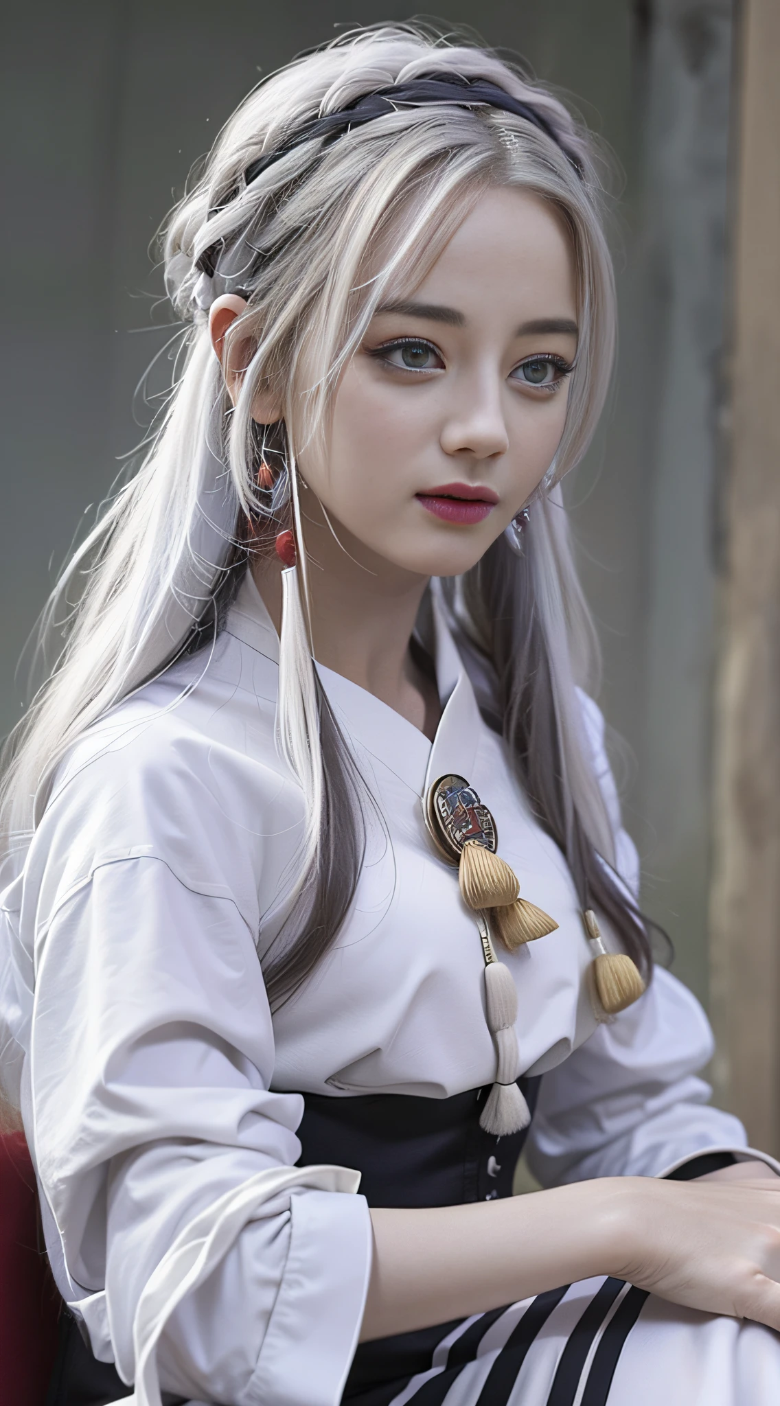 1 girl, white hair, Hanfu, sitting on sofa, gray wall, close-up, (best quality: 1.4), ((masterpiece)), ((realistic)), (detailed), (realistic: 1.4),