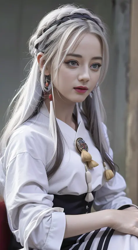 1 girl, white hair, Hanfu, sitting on sofa, gray wall, close-up, (best quality: 1.4), ((masterpiece)), ((realistic)), (detailed)...