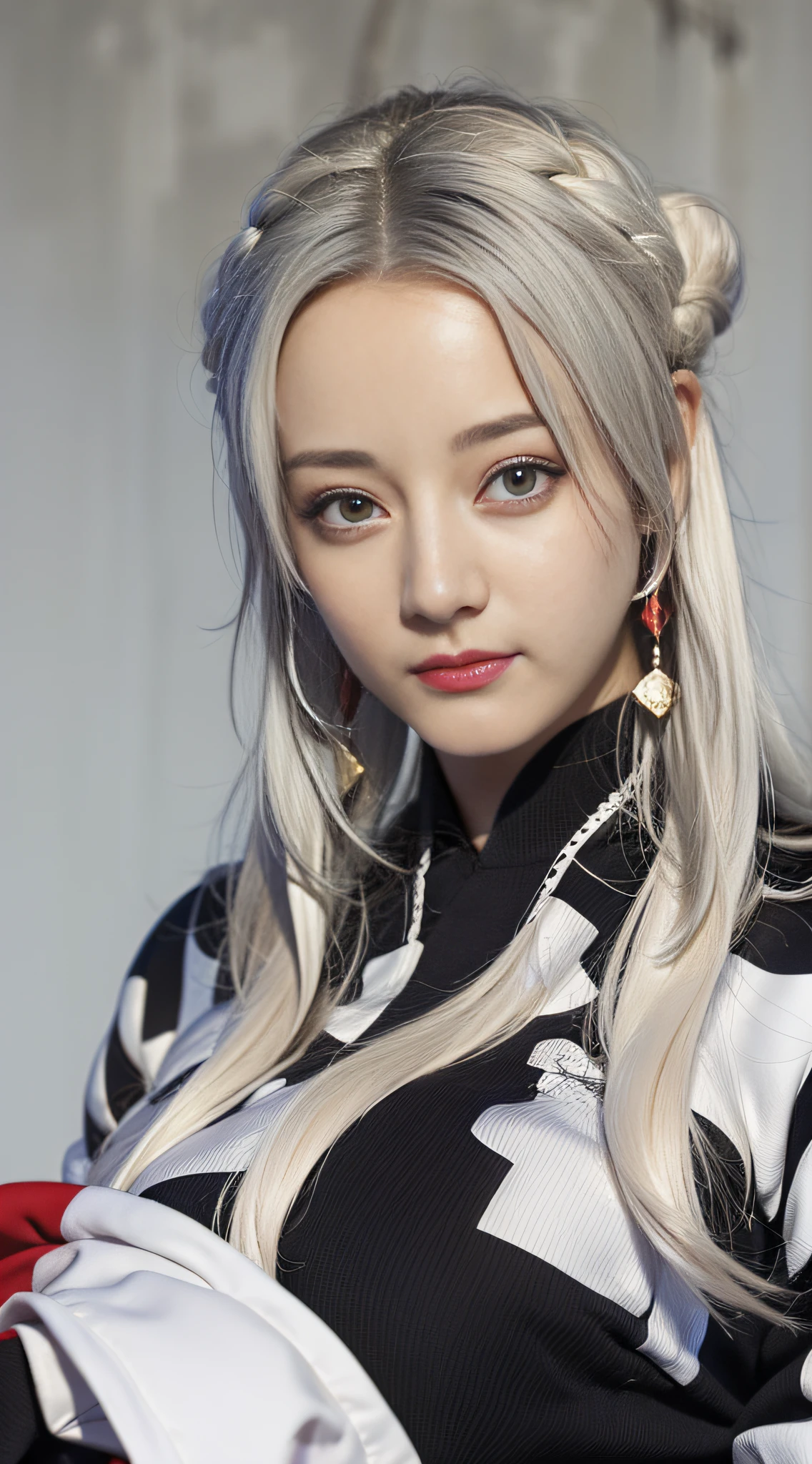 1 girl, white hair, Hanfu, sitting on sofa, gray wall, close-up, (best quality: 1.4), ((masterpiece)), ((realistic)), (detailed), (realistic: 1.4),