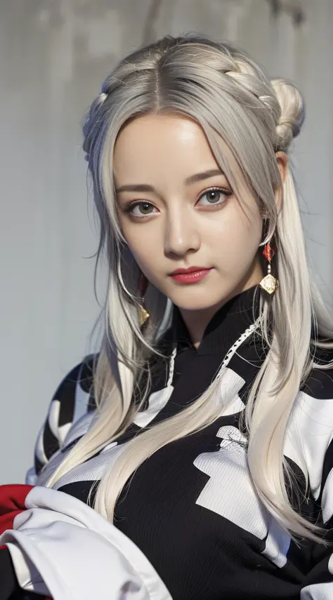 1 girl, white hair, hanfu, sitting on sofa, gray wall, close-up, (best quality: 1.4), ((masterpiece)), ((realistic)), (detailed)...