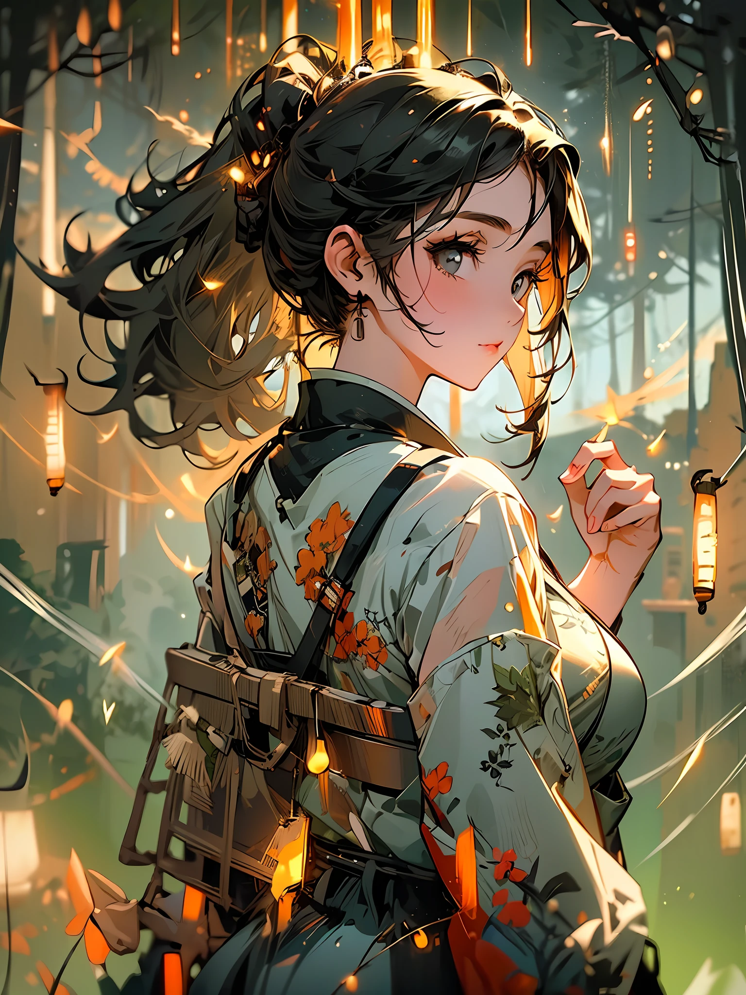 1girl, black hair,  ponytail hair, black eyes, large breasts, casual outfit, forest, fireflies, night, happy, looking back, amazed, overlay, jppop art style, japanese style