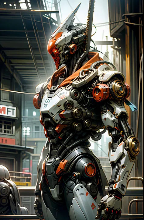 8K wallpapers, hyper-detailed works, cinematic lighting, realistic photos, Dark_Fantasy, Cyberpunk, (chain saw, chain saw man, Red:1.1), 1man, Mechanical marvel, Robotic presence, Cybernetic guardian, wearing shabby mecha suits, intricate, (steel metal [ru...