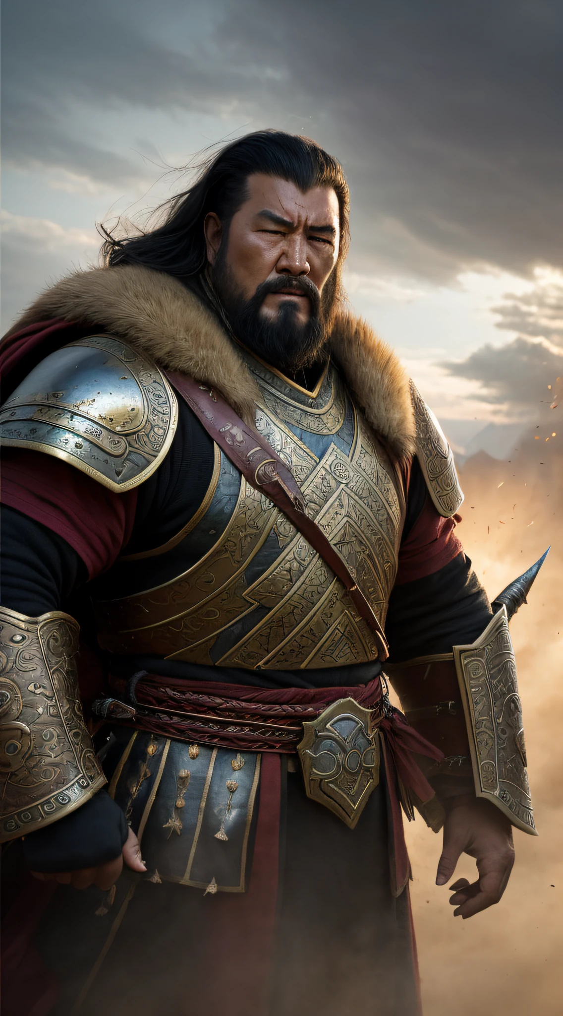 (best quality, high resolution, realistic style:1.2, by Greg Rutkowski), Genghis Khan, (striking fear with his appearance:1.3), donning formidable Mongolian battle armor, battle-hardened expression, commanding presence, intimidating atmosphere, smoky battlefield, dust clouds billowing, warriors in chaos, intense lighting casting dynamic shadows, capturing the essence of the conqueror's might.