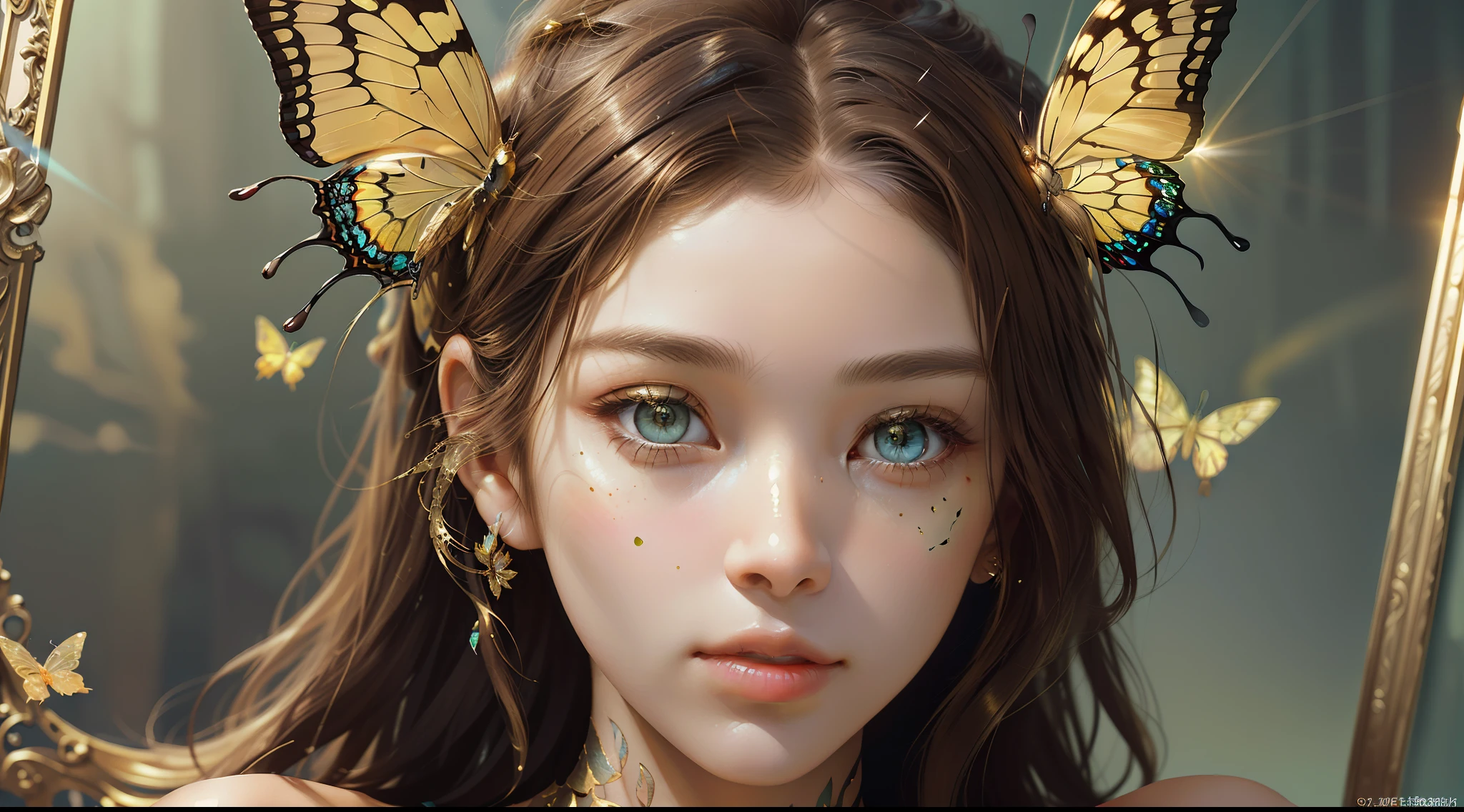 8k Portrait of a Beautiful Cyborg with Brown Hair, Bust, Upper Body, Nudity, Nudity, Sexy, Intricate, Elegant, Highly Detailed, Majestic, Digital Photography, Surrealist Painting Golden Butterfly Filigree, Broken Glass, (Masterpiece, Side Light, Delicate Beautiful Eyes: 1.2 ), Human Development Report,