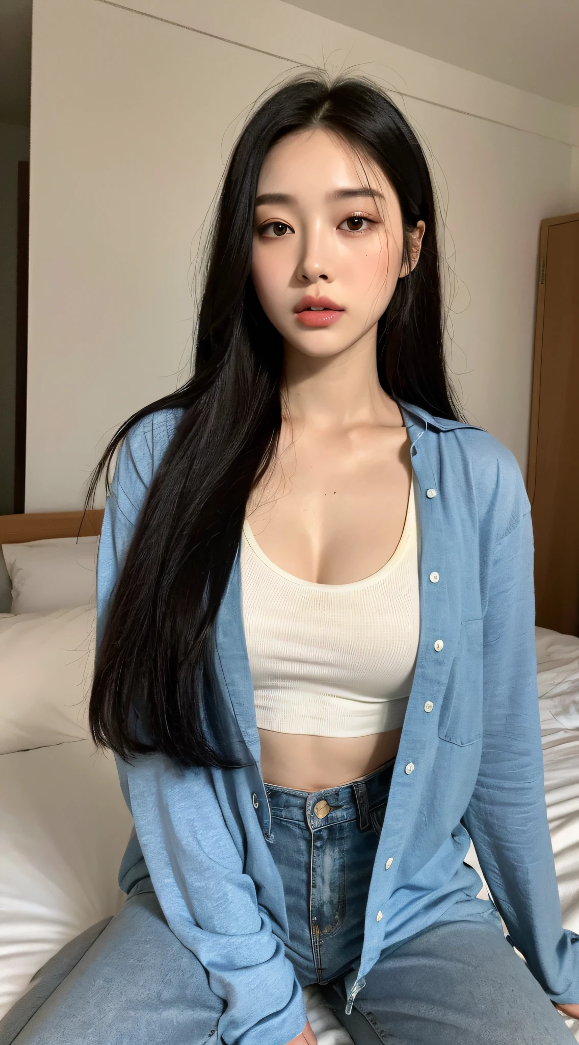 ((Top quality, 8k, Masterpiece: 1.3)), beauty, hidden face, 1 girl, beauty: 1.3, slender abs: 1.1, large men's shirt (loose: 1.4) exposed, full chest, long black hair, (kneeling on bed), ultra-detailed face, highly detailed lips, detailed eyes, double eyelids, strict head and body ratio: 1.5,