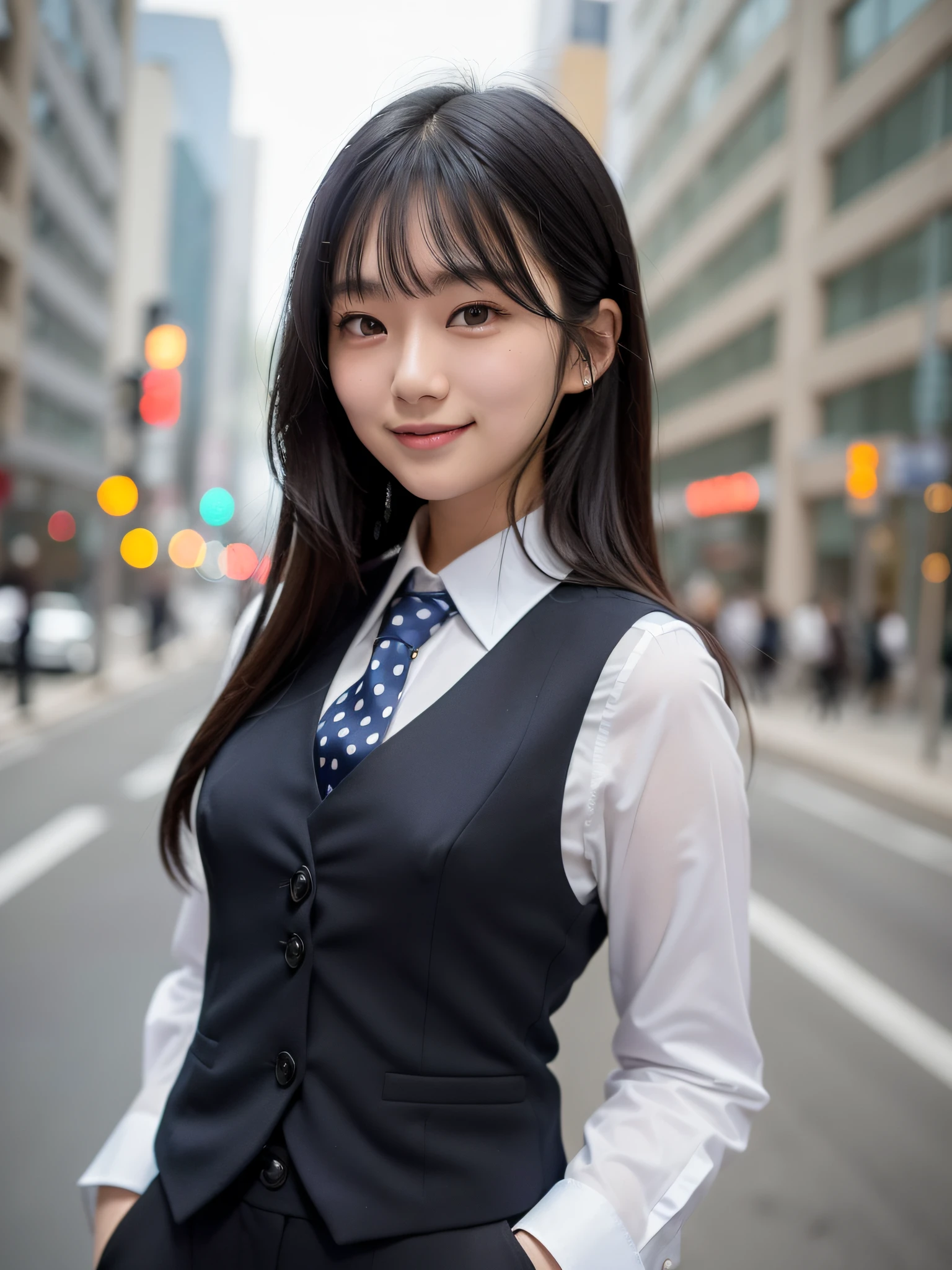 20-year-old Japan woman, straight black hair that touches her shoulders, smiling with teeth, neat, intelligent, (small breasts), black suit, (vest)), (dark blue white, small and many polka-dot ties)))), ((plain white shirt)), (Against the background of a busy city street)))