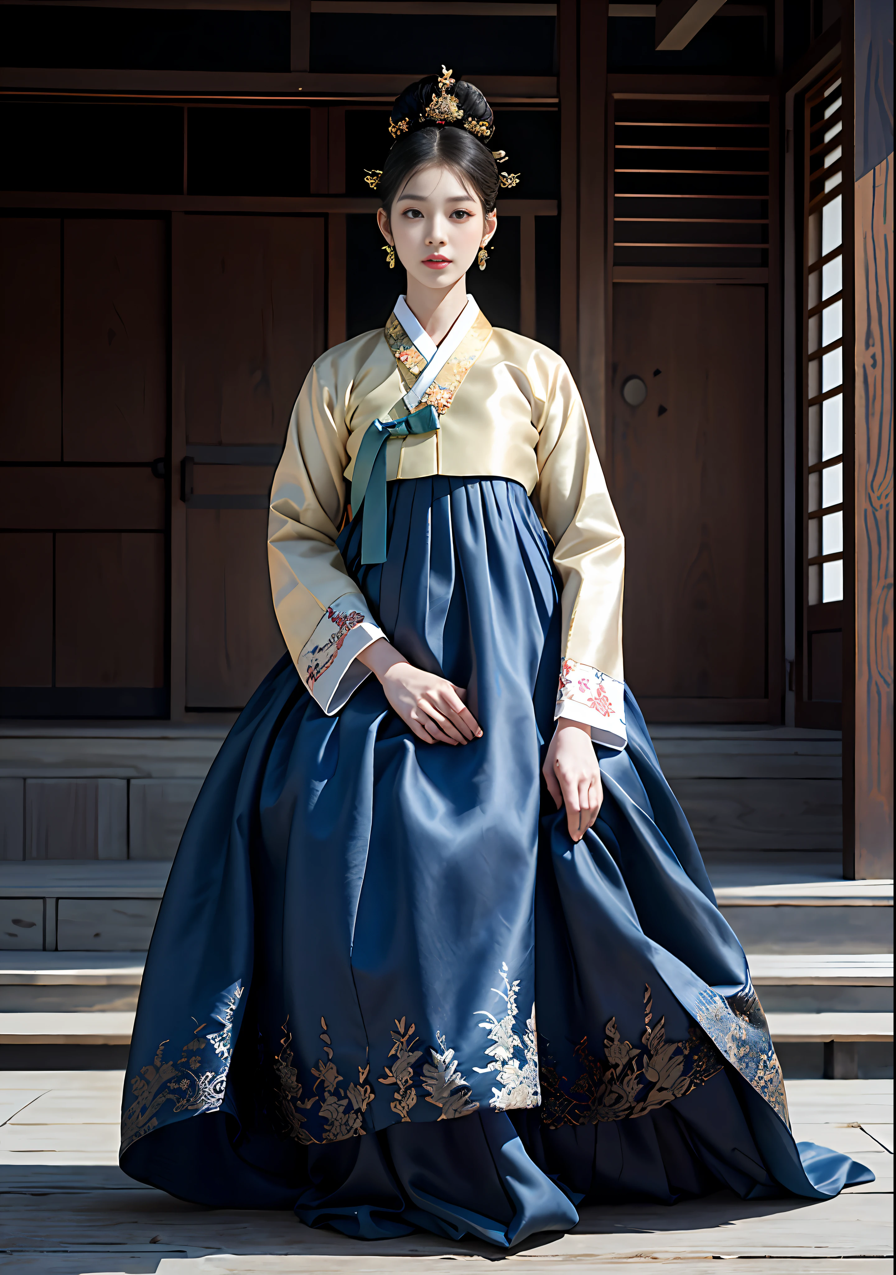 Arafed woman in a blue and gold hanbok dress SeaArt AI