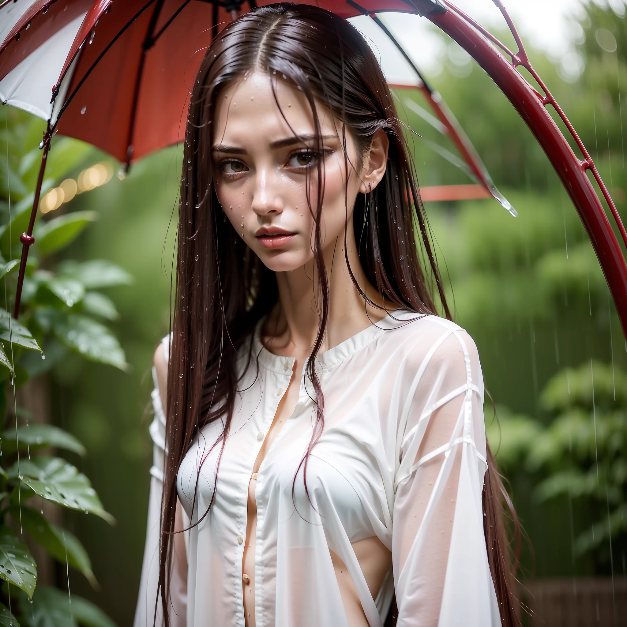 (tall woman with slim figure), (she stands in the garden in rainy weather), ((dark red very long hair)), (small head), ((detailed realistic face and eyes)), cinematic lighting, 8K resolution, ((long white shirt)), ((very wet shirt)), ((wet hair))