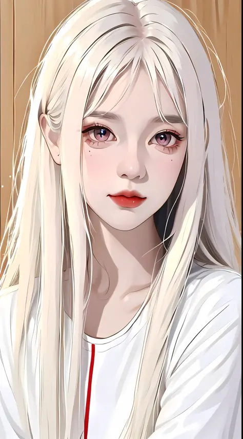 A girl, long white hair, red face, blush, eyeliner, silkworm, long hair, jewel-like eyes, (white T-shirt: 1.5), (laser gradient jacket), laser style hair, HD picture quality, realistic texture, high detail, contour light